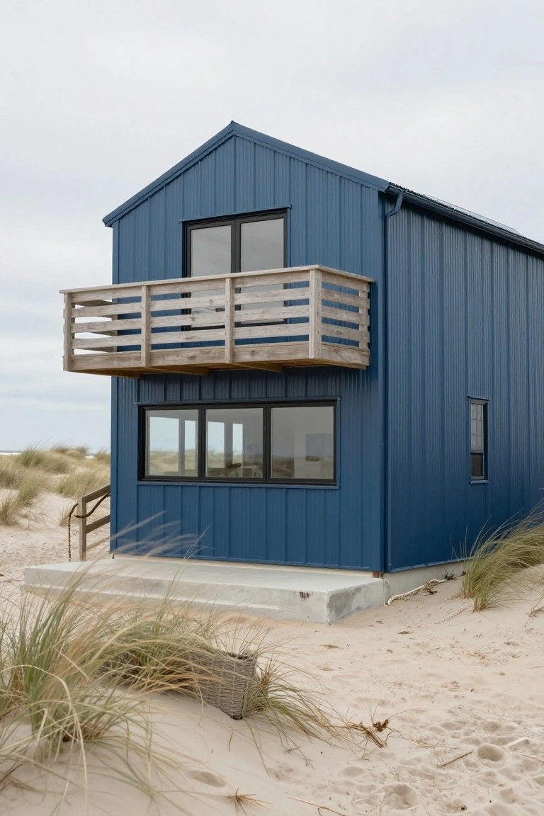Small two-story blue corrugated metal house elevated on concrete piers in sand dunes, with wooden balcony railing, stairs, large black-framed windows, and beach grass nearby.