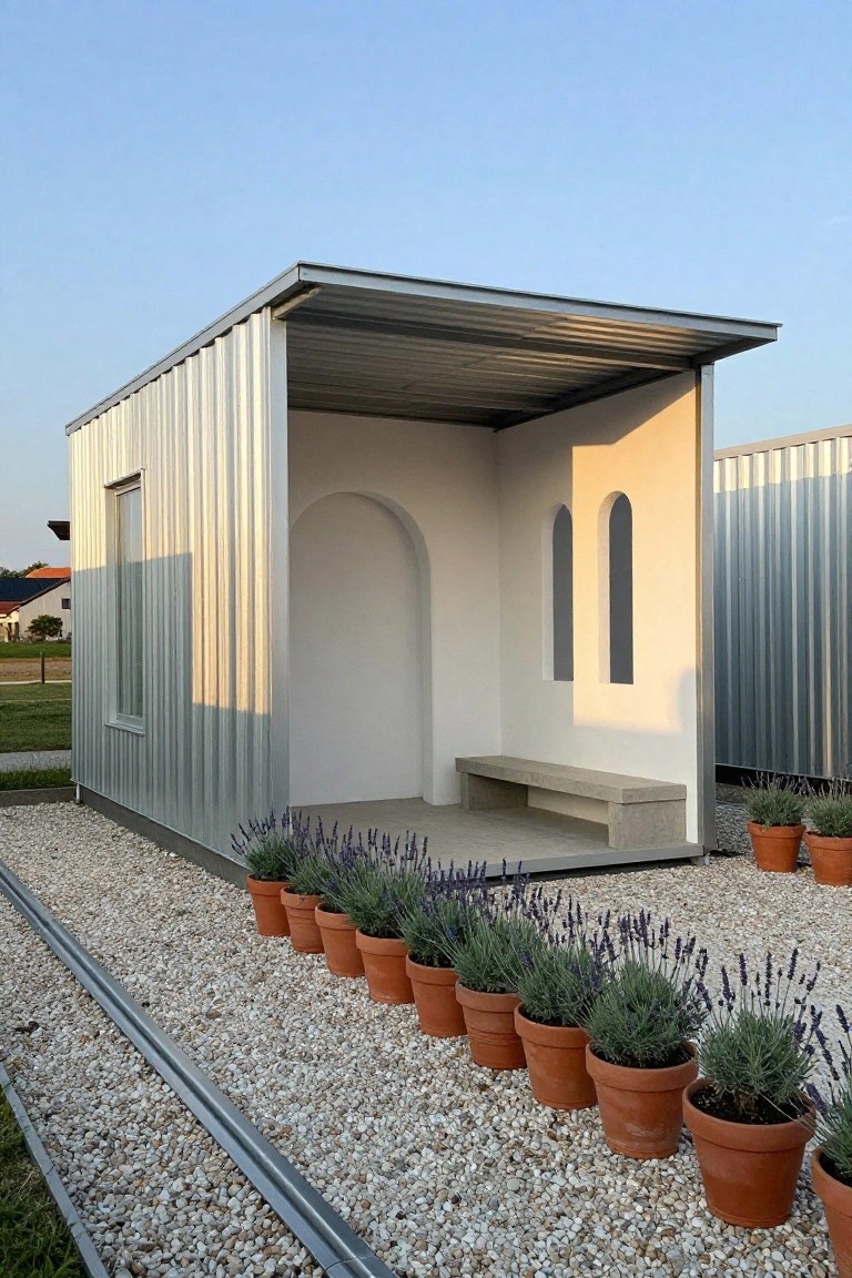Small open-sided pavilion clad in vertical corrugated silver metal panels, with white stuccoed interior featuring two arched niches and a concrete bench, set on gravel ground lined with terracotta pots of lavender plants.