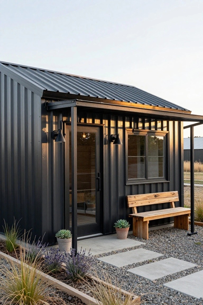 Small black corrugated metal building with sloped roof, covered entry porch featuring glass door, wall lanterns, sliding window, wooden benches, potted succulents, lavender plants, gravel path, and ornamental grasses on a dry yard.