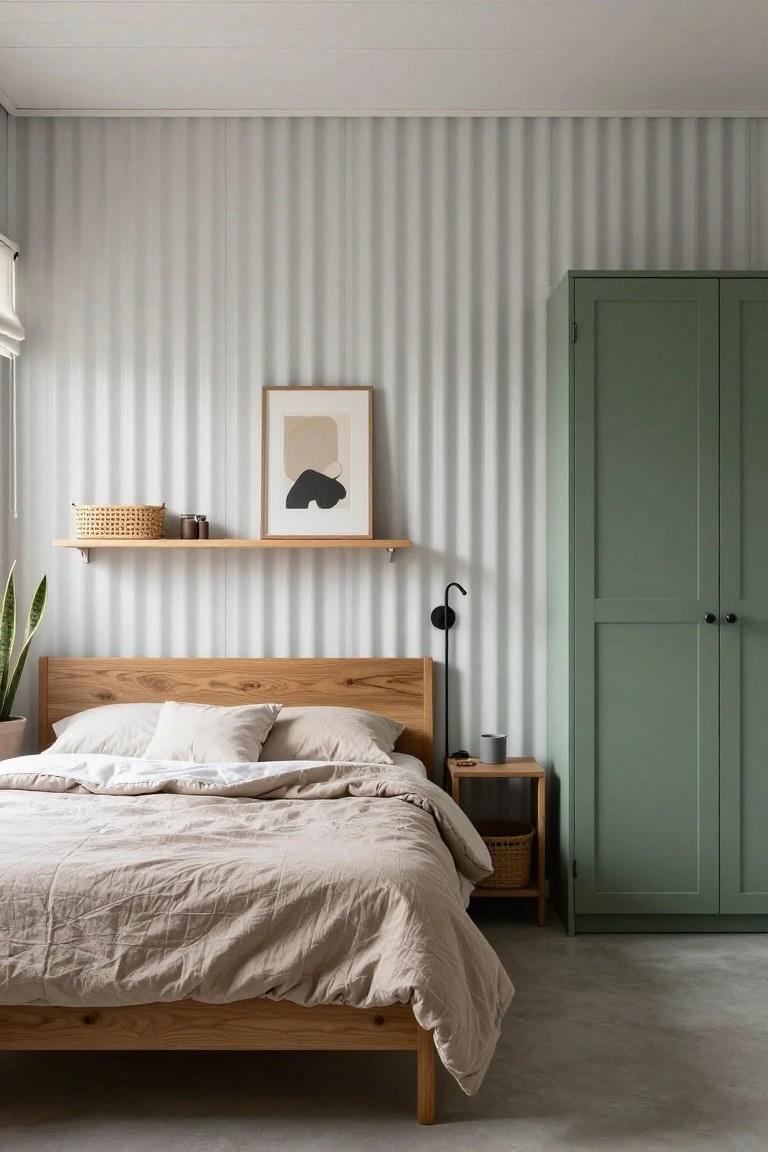 A minimalist bedroom with vertical white corrugated wall panels, light oak wood bed frame and headboard with beige linen bedding, green paneled wardrobe, wooden nightstand with basket and mug, wall sconce, framed abstract art, shelf with basket and jars, potted snake plant, and concrete floor.
