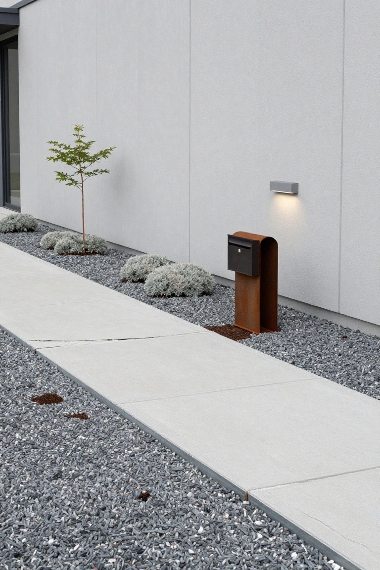 White modern house wall alongside a concrete walkway edged in gravel mulch with low silver shrubs, a small green tree, rusted arched steel mailbox stand holding a black box, and a rectangular wall light.
