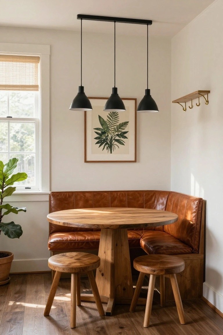 Corner tan leather booth seating around a round light wood table with matching wooden stools in a white-walled room with pendant lights, plants, and a green leaf print on the wall.