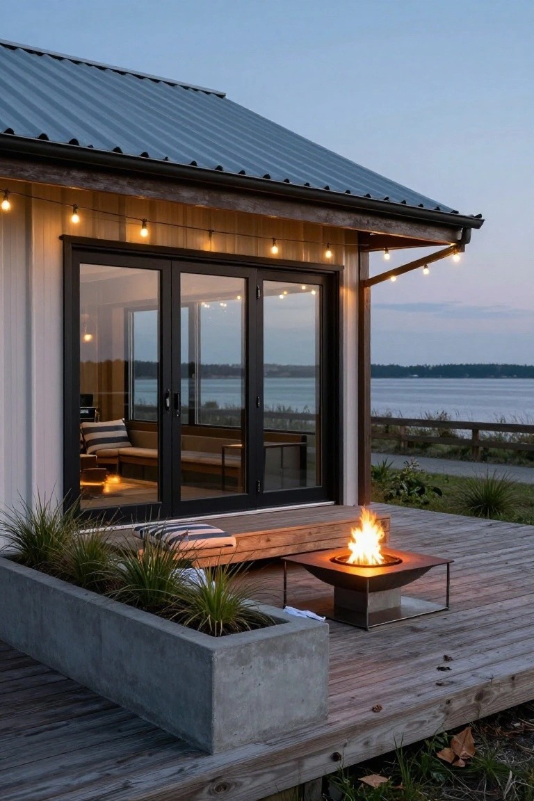 Wooden deck attached to a small house with corrugated metal roof and large black-framed glass doors, featuring a square metal fire pit with flames, potted grasses in concrete planters, string lights overhead, and a lake view at dusk.