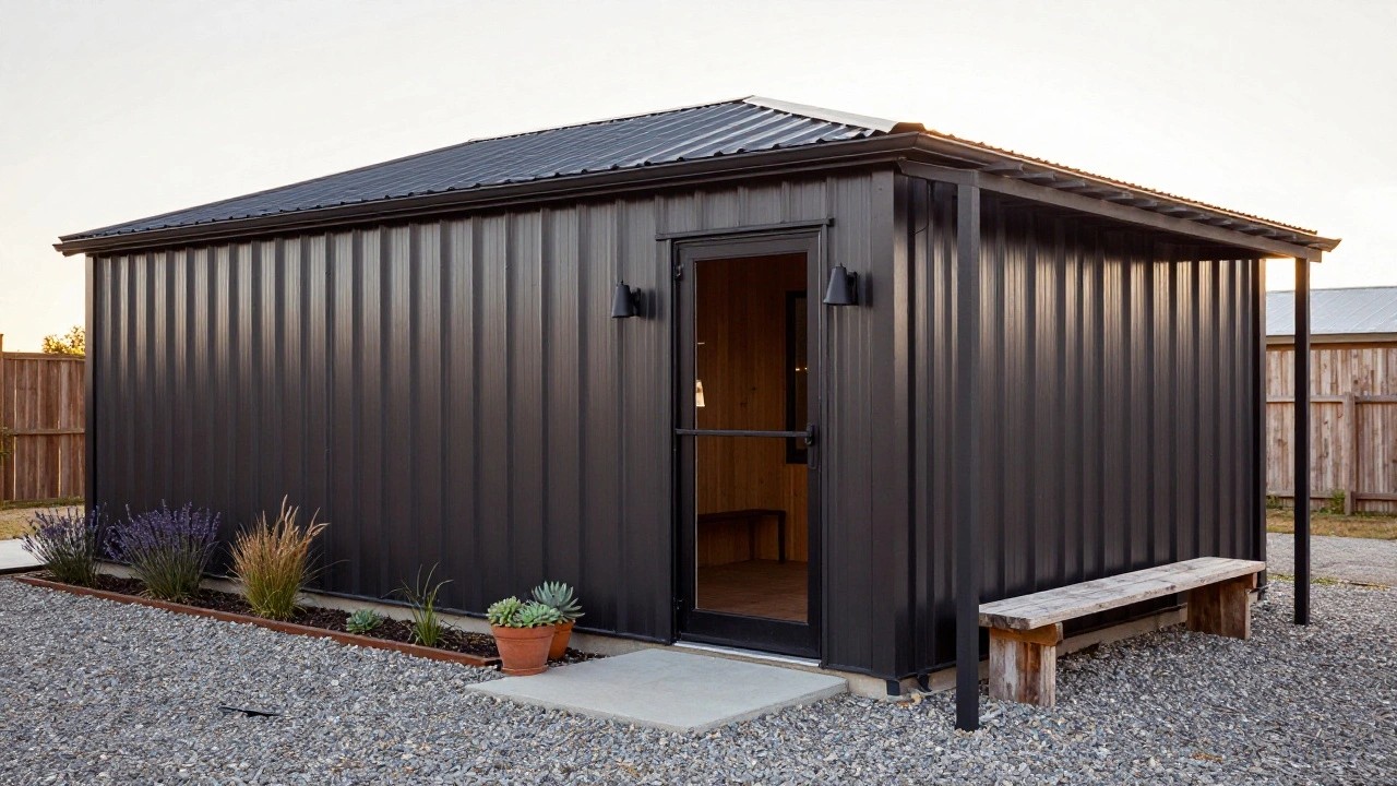 Small black corrugated metal building with sloped roof, covered entry porch featuring glass door, wall lanterns, sliding window, wooden benches, potted succulents, lavender plants, gravel path, and ornamental grasses on a dry yard.