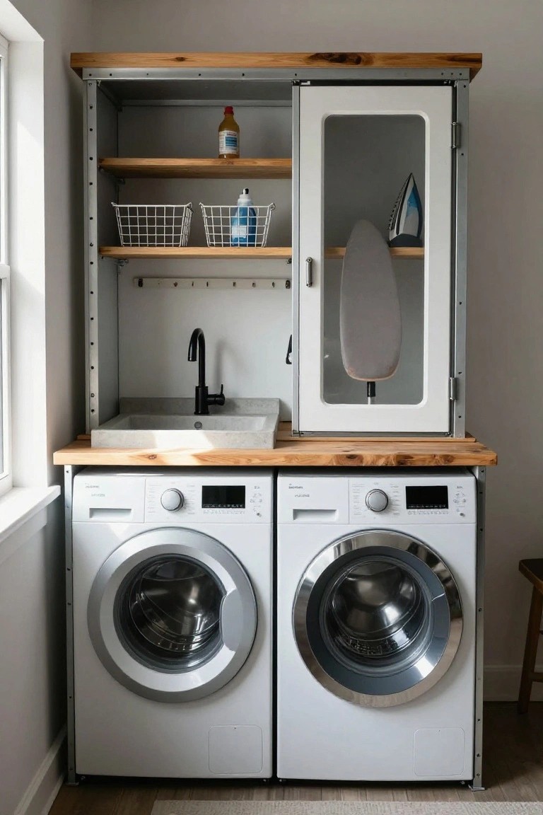 Laundry room with two white front-loading washers and dryers under a wooden-topped metal-framed cabinet unit featuring a concrete sink, open wood shelves with baskets, and an ironing board inside a white glass door.
