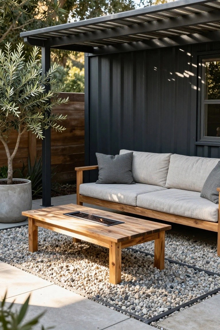 Outdoor patio with wooden coffee table containing a long narrow fire pit, facing a beige sofa with gray pillows, under black metal pergola attached to dark shipping container building, gravel ground and potted plants nearby.