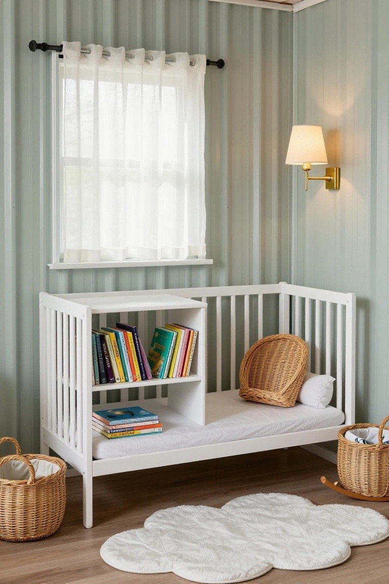White wooden crib with open bookshelves on one end, filled with children's books, positioned in a corner of a nursery room with pale turquoise corrugated metal walls, sheer white curtains on a window, wicker baskets on the floor, and a white cloud-shaped rug on light wood flooring.