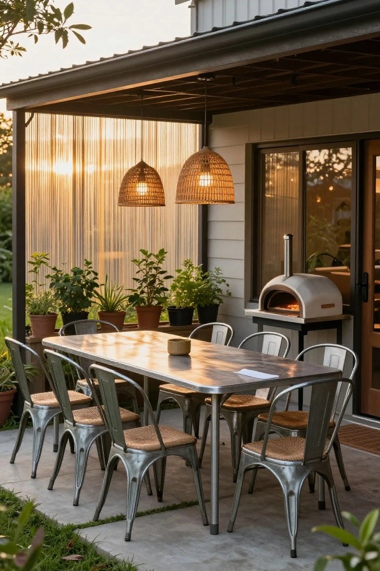 Covered outdoor patio featuring a white dome pizza oven on a metal stand, long metal dining table with eight rattan-seated chairs, potted plants, pendant lights, and bead curtain screening beside a gray house wall.