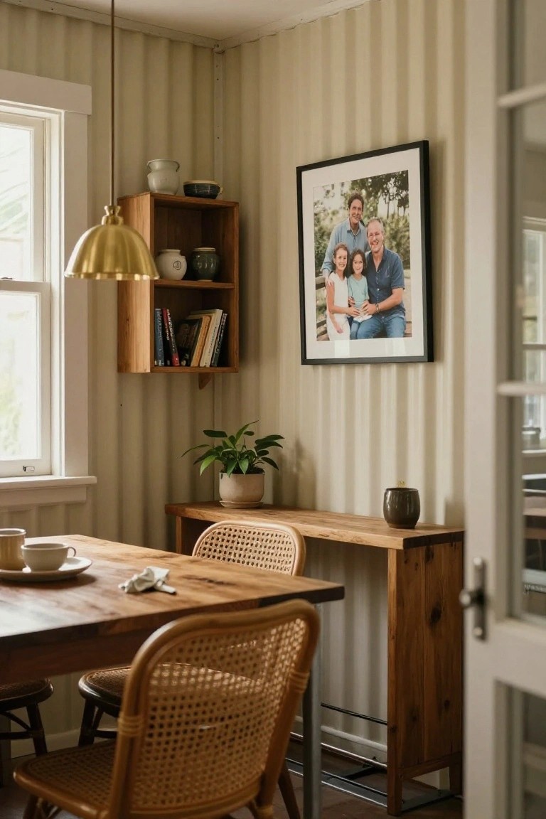 Light-filled interior corner with rattan chairs around a wooden dining table, wooden sideboard, potted plant, ceramic vessels on open shelves, and a framed family photo on beige striped walls.