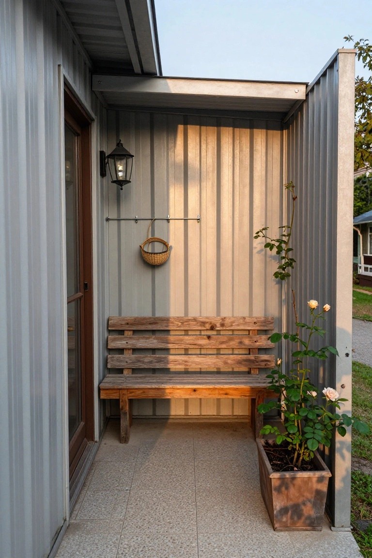 Gray metal building wall with wooden door, hanging lantern and basket, weathered wooden bench on tiled patio under carport roof, potted rose bush in terracotta pot next to metal fence.