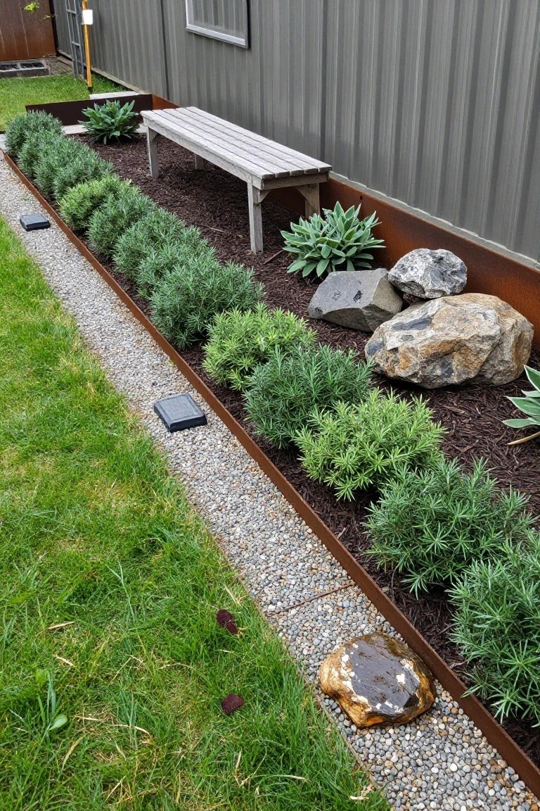 Gravel pathway edged by rusted metal bordering a garden bed with green shrubs, rocks, and mulch next to a gray corrugated metal fence and wooden bench.