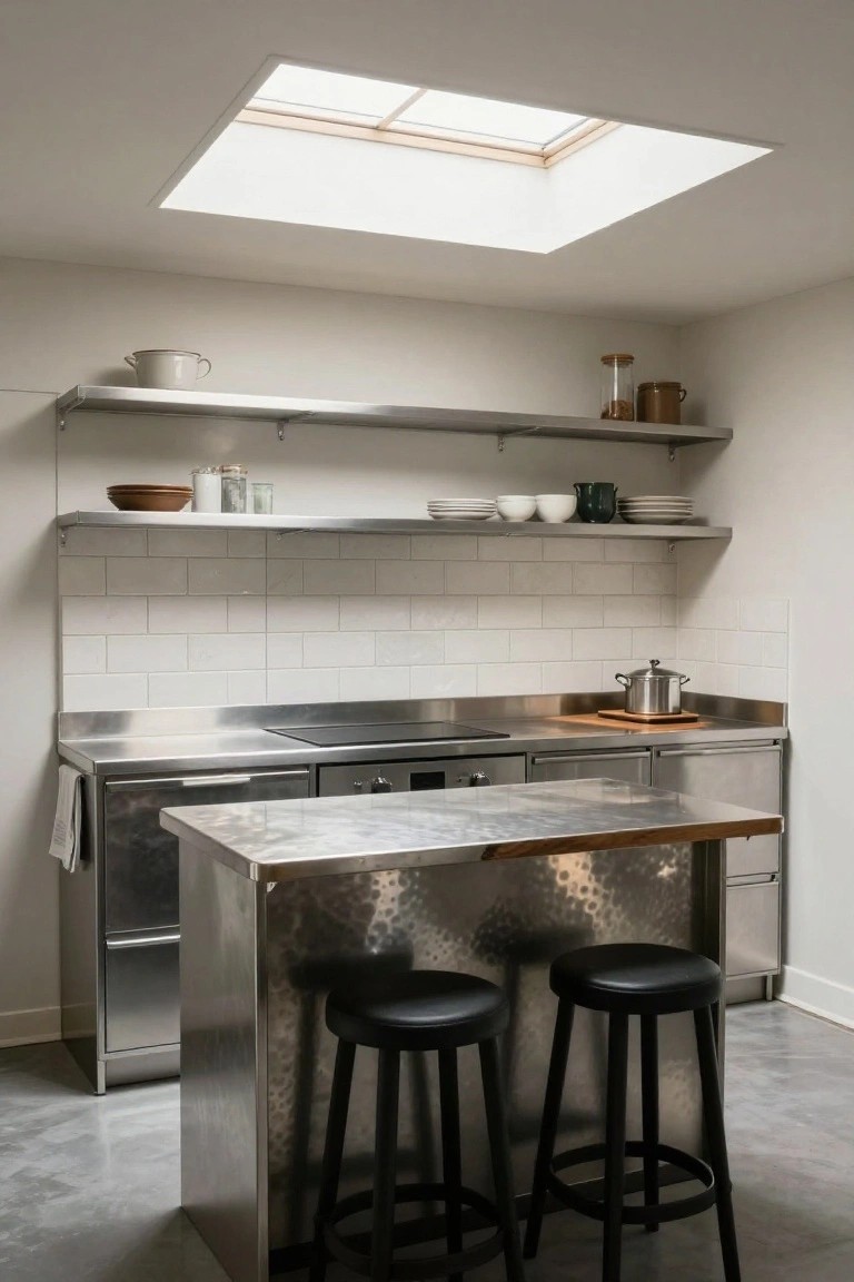 Compact kitchen interior with stainless steel counters, cabinets, appliances, and textured metal island bar seating two black stools, white subway tile backsplash, open metal shelves with dishes, and skylight overhead.