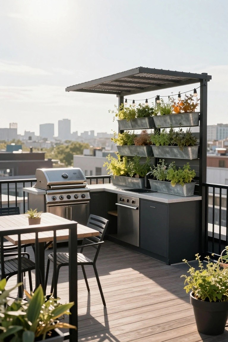 Rooftop outdoor kitchen with stainless steel grill and sink on white countertop, black cabinets, vertical metal planters filled with herbs and plants on a black frame under slatted metal pergola, wooden table and chairs on decking, city buildings in background.