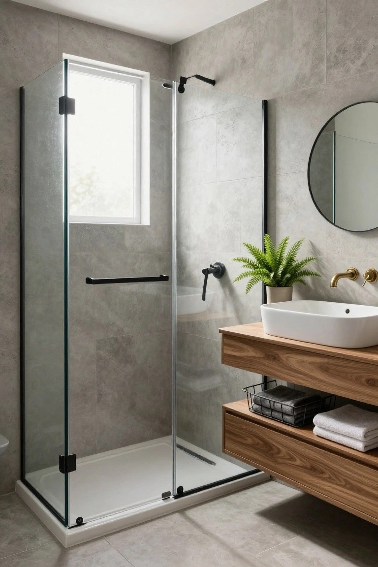 Corner glass shower enclosure with black frame in a bathroom featuring gray tiled walls, floating wooden vanity with white vessel sink, round black mirror, ferns, and towels on open shelves.