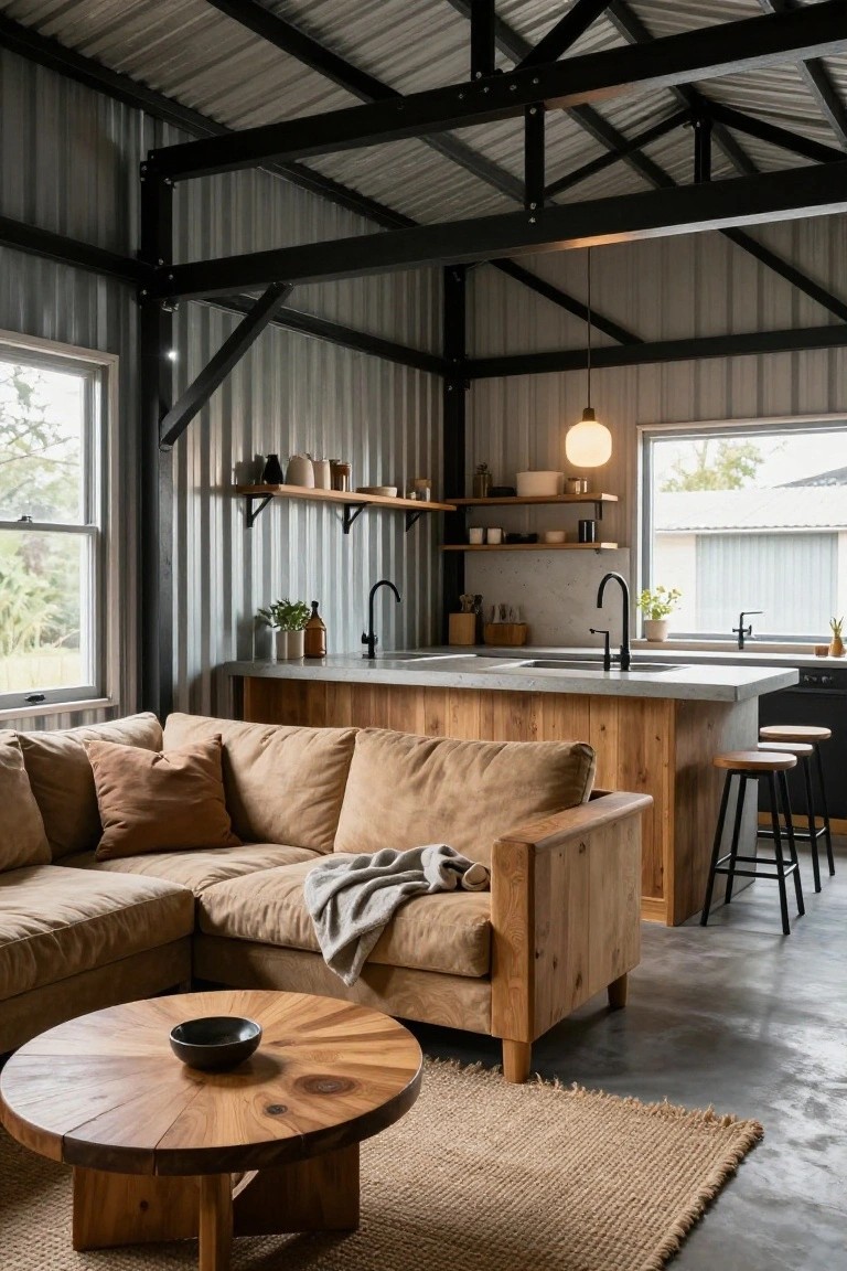 Open-plan interior of a small metal shed home with corrugated steel walls and ceiling, wooden kitchen island with concrete countertop, beige L-shaped sofa, round wooden coffee table, and bar stools.