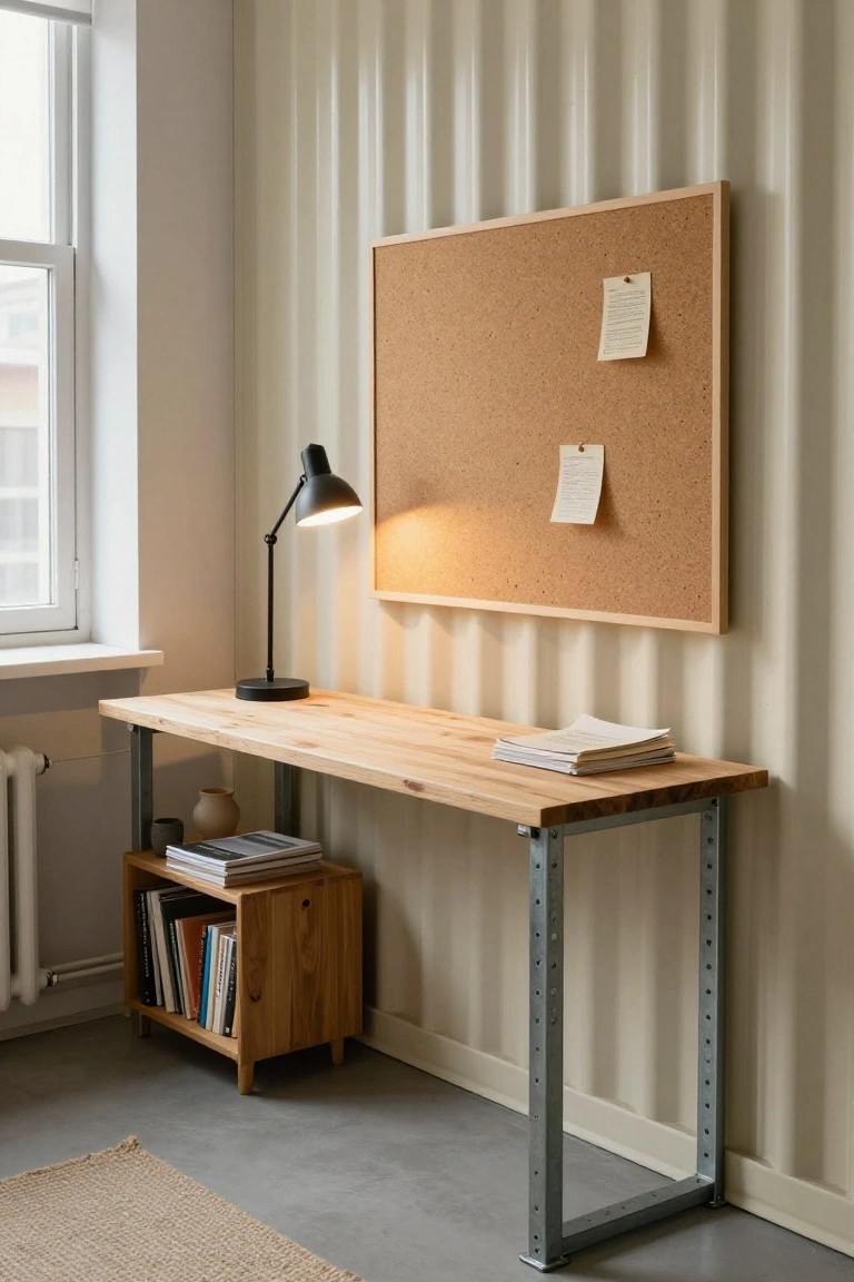 Minimalist wooden desk with metal legs, corkboard, lamp, and books in a bright room.