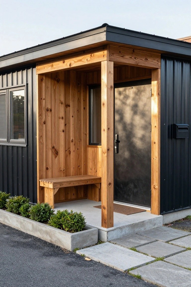 Corner exterior of a small black corrugated metal building featuring a covered wooden porch with cedar posts, cladding, bench, dark metal door, window, mailbox, concrete planter boxes with shrubs, and gray paver path.