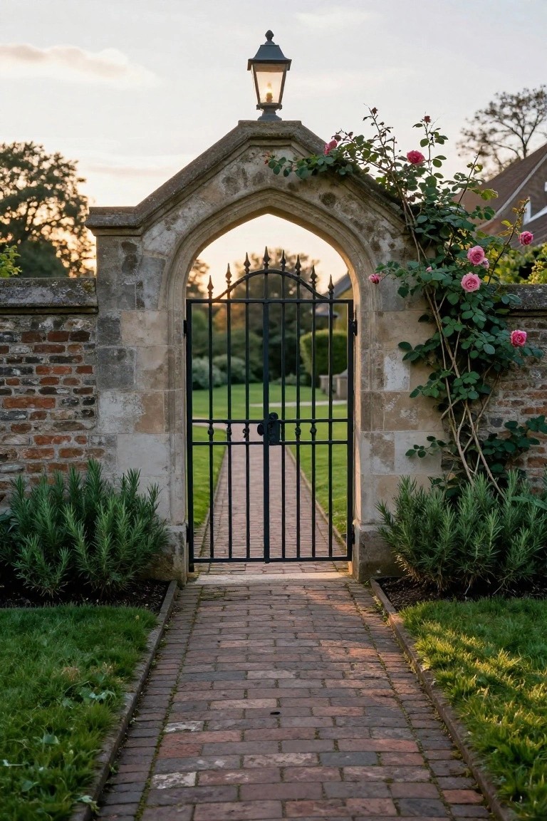 Stone arched gateway with black wrought iron gate, pink climbing roses on the arch and walls, brick path leading to lawn, stone and brick walls, rosemary bushes, and a lit lantern at dusk.