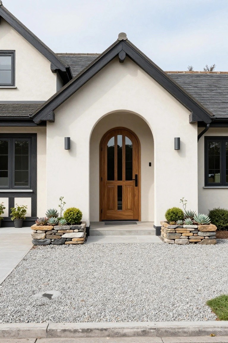 Front view of a two-story Tudor-style house with white stucco walls, black trim, slate roof, arched wooden front door with glass panels, wall sconces, and stone planters containing succulents and gravel ground cover.