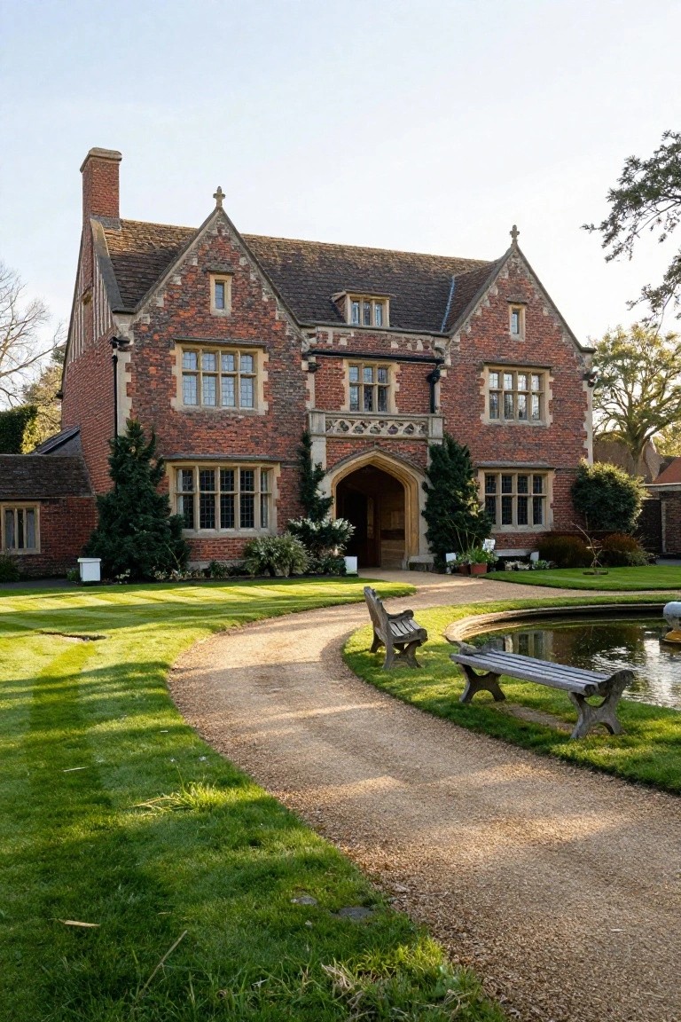 Two-story brick Tudor-style house with gabled roof, tall stone arched entryway flanked by conifer trees, curved gravel driveway, wooden benches beside a small circular pond, manicured lawn, and large trees in the background.