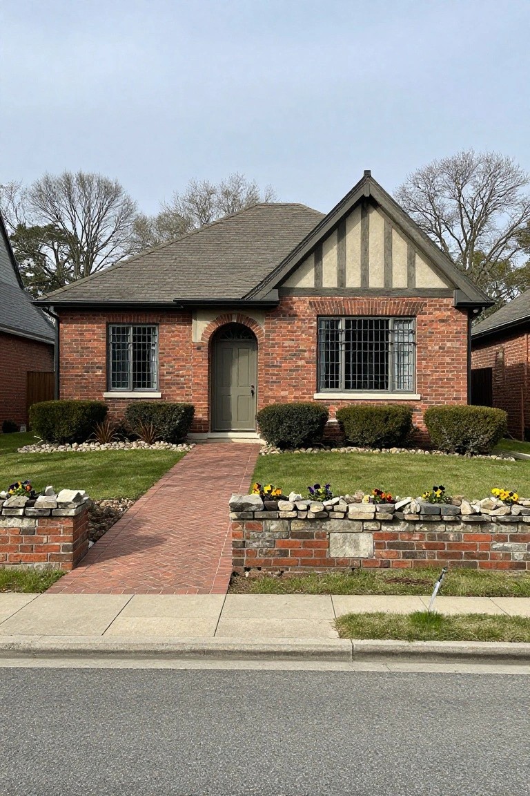 Front exterior of a one-story red brick Tudor house with dark half-timbered gable, arched green door, tall barred windows, brick walkway from street, low stone walls edged with yellow and purple pansies, boxwood shrubs, and patchy lawn.