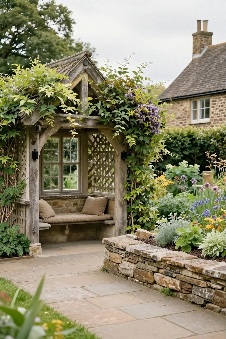 Rustic wooden gazebo structure covered in green climbing vines and purple flowers, featuring a built-in stone bench with beige cushions, adjacent to flower beds, a low stone wall, and a stone path, with stone houses visible in the background.