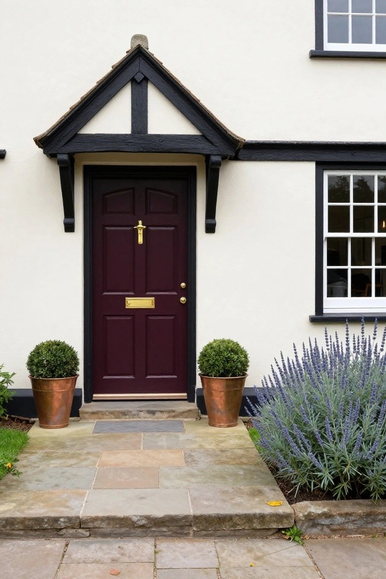 White Tudor-style house facade with black timber porch overhang over a deep maroon six-panel front door with gold knocker and letterbox, flanked by copper pots of boxwood shrubs, lavender bed, and stone pathway.