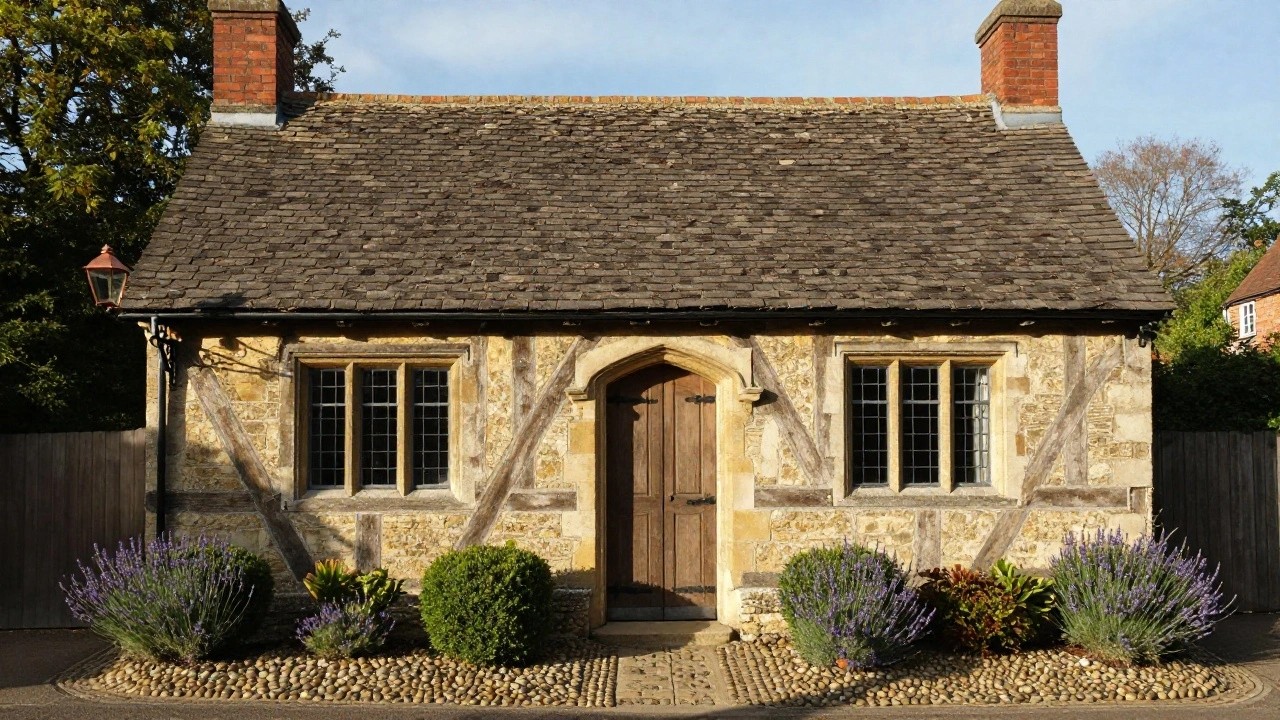 A small two-story Tudor-style house with exposed timber framing, stone walls, steeply pitched roof, brick chimney, leaded windows, arched wooden front door under a small porch, gravel pathway, lavender plants, and shrubs in the front garden.