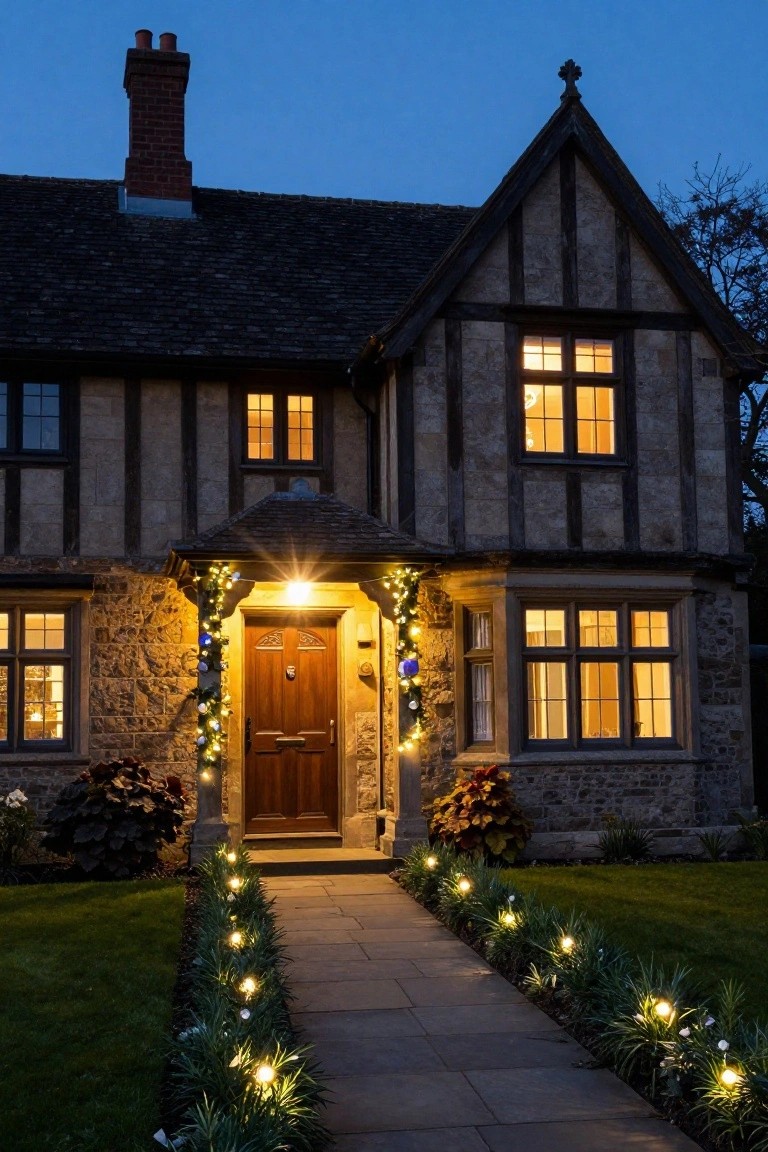 Twilight photo of a two-story Tudor house with half-timbering and stone walls, garland-draped entry porch and door, lit windows, and a straight stone pathway lined with low plants and string lights leading from the street.