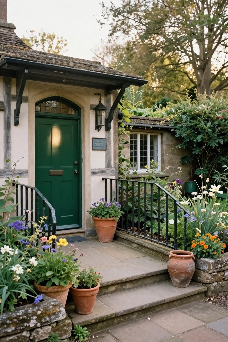 Charming cottage with green door, stone steps, and terracotta flowerpots.