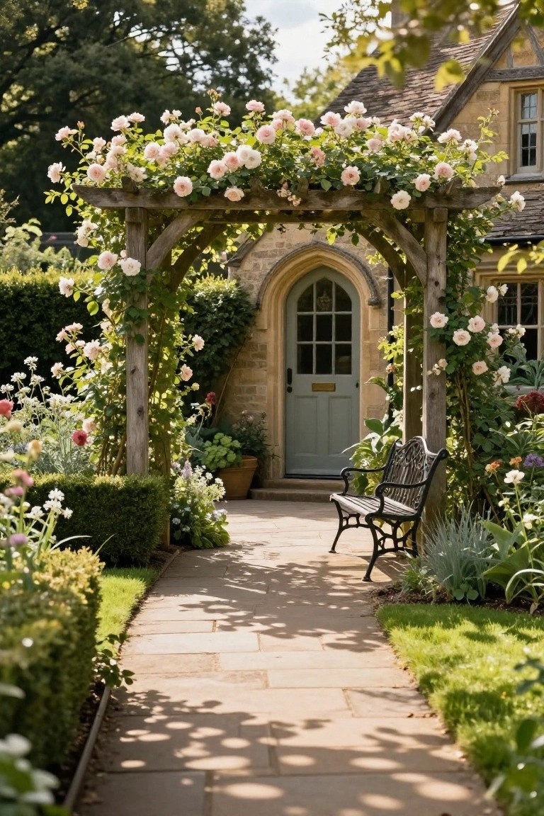 Stone Tudor cottage with turquoise arched front door, wooden arbor covered in pink climbing roses over stone pathway, black metal bench, flower beds, and hedges in sunny garden.