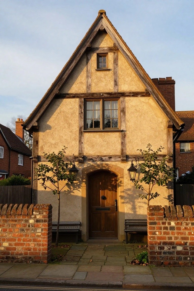 A small beige stucco house with dark half-timber framing, steep gabled roof, arched wooden front door with lanterns, small trees, brick boundary walls, and a paved path in front.