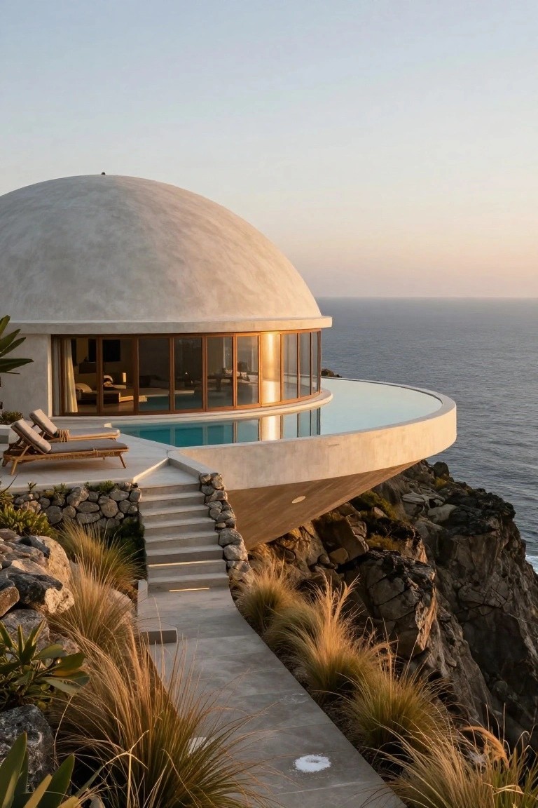 White dome-shaped house with curved glass wall, cantilevered infinity pool deck, lounge chairs, and stairs on rocky cliff overlooking ocean at dusk.
