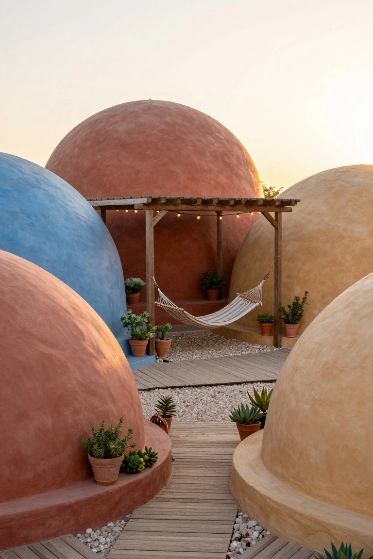 Cluster of rounded plaster dome houses in blue, reddish, and beige colors surrounding a wooden pergola with string lights and a white hammock, potted succulents, gravel ground, and wooden deck path at sunset.