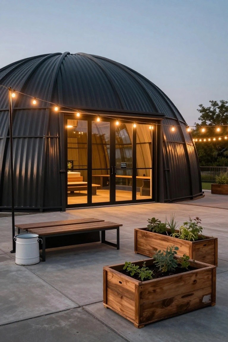 Black corrugated metal dome house with large glass entry doors open to a wooden bench inside, surrounded by wooden planters with greenery, a metal bucket, and string lights on a concrete patio at dusk.