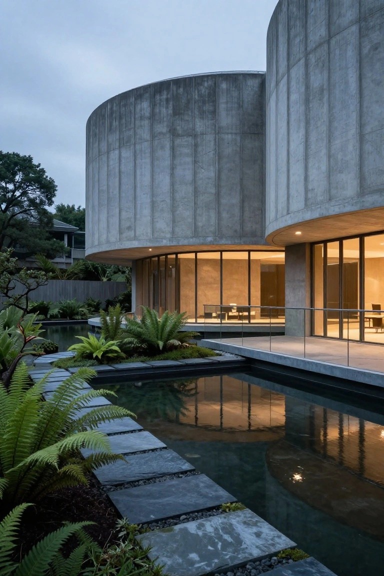 Modern house exterior with large curved gray concrete walls, extensive glass windows and doors, a rectangular reflecting pool, stone path, ferns, and trees in dusk light.