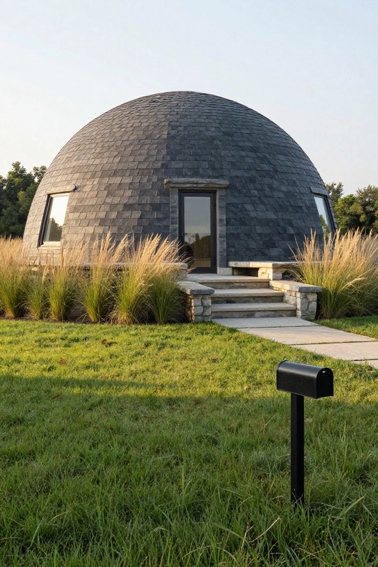 A geodesic dome house covered in dark slate shingles, with a glass door entry, stone steps, flanked by tall ornamental grasses, a pathway, and black mailbox on a green lawn.