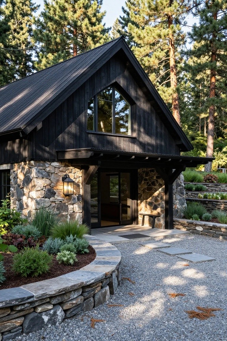 Black wood-clad house with steep gabled roof, large triangular window, stone foundation and entry porch with lantern light, gravel path, low plants, and surrounding pine trees.