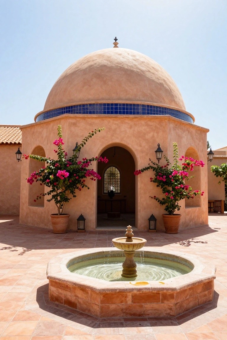 Beige stucco dome building with blue tile band encircling the dome base, arched entrances flanked by pink bougainvillea in terracotta pots, and octagonal stone fountain in terracotta-tiled courtyard under clear blue sky.