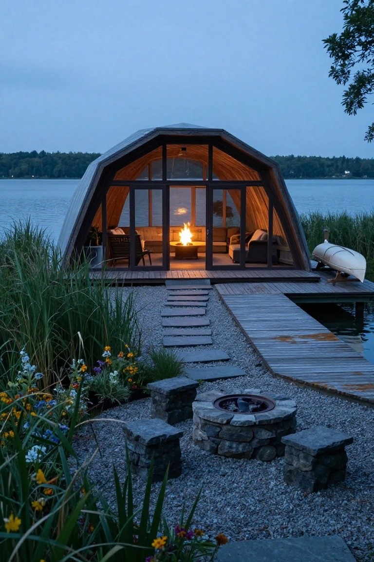 Geometric wooden dome house with large glass walls and doors on a wooden dock extending over a lake, featuring an interior fire visible through glass, nearby canoe, stone fire pit with benches, and surrounding reeds and flowers.