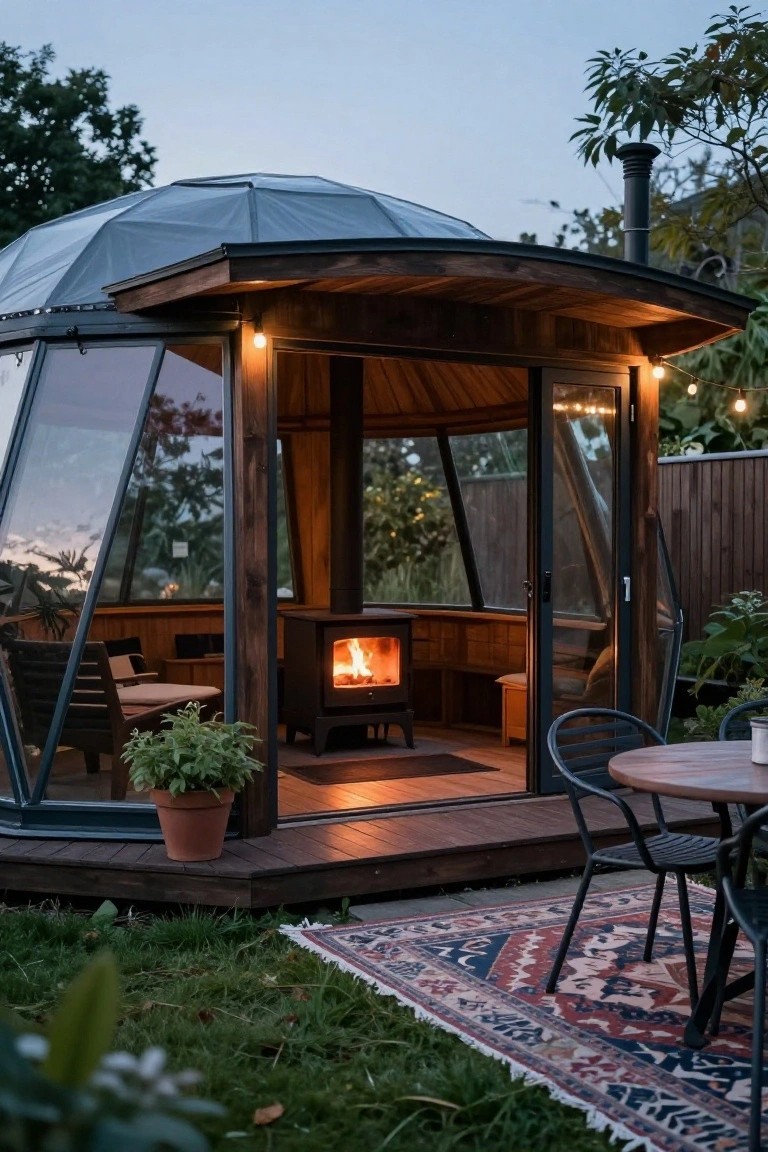 Geodesic dome structure with glass walls and wooden interior featuring a lit wood stove, connected to an outdoor wooden deck with chairs, round table, potted plant, and rug in a grassy garden at dusk.