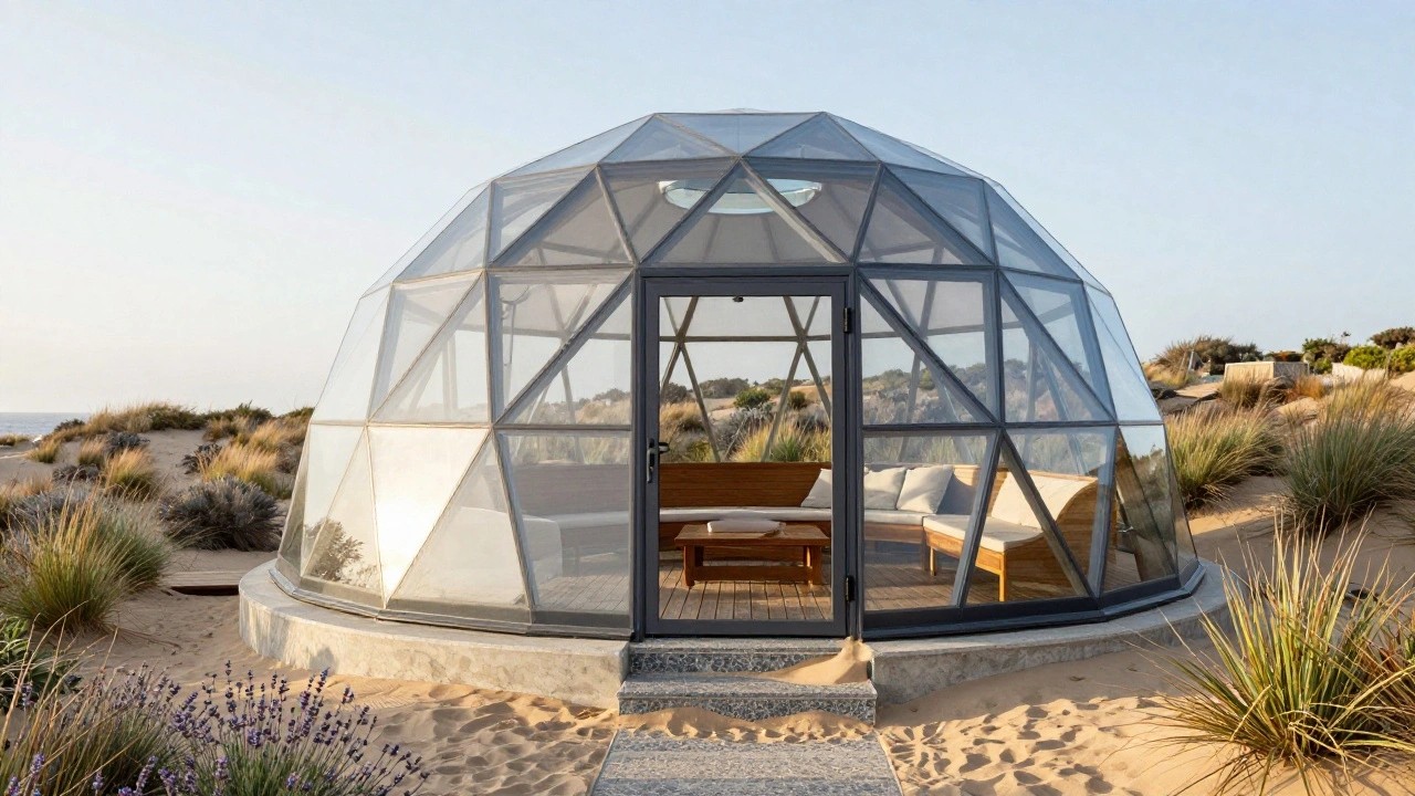 Geodesic dome house made of glass panels and metal frame, elevated on a concrete platform with wooden entry door, steps leading up from sandy ground with dune grasses and ocean view in background.