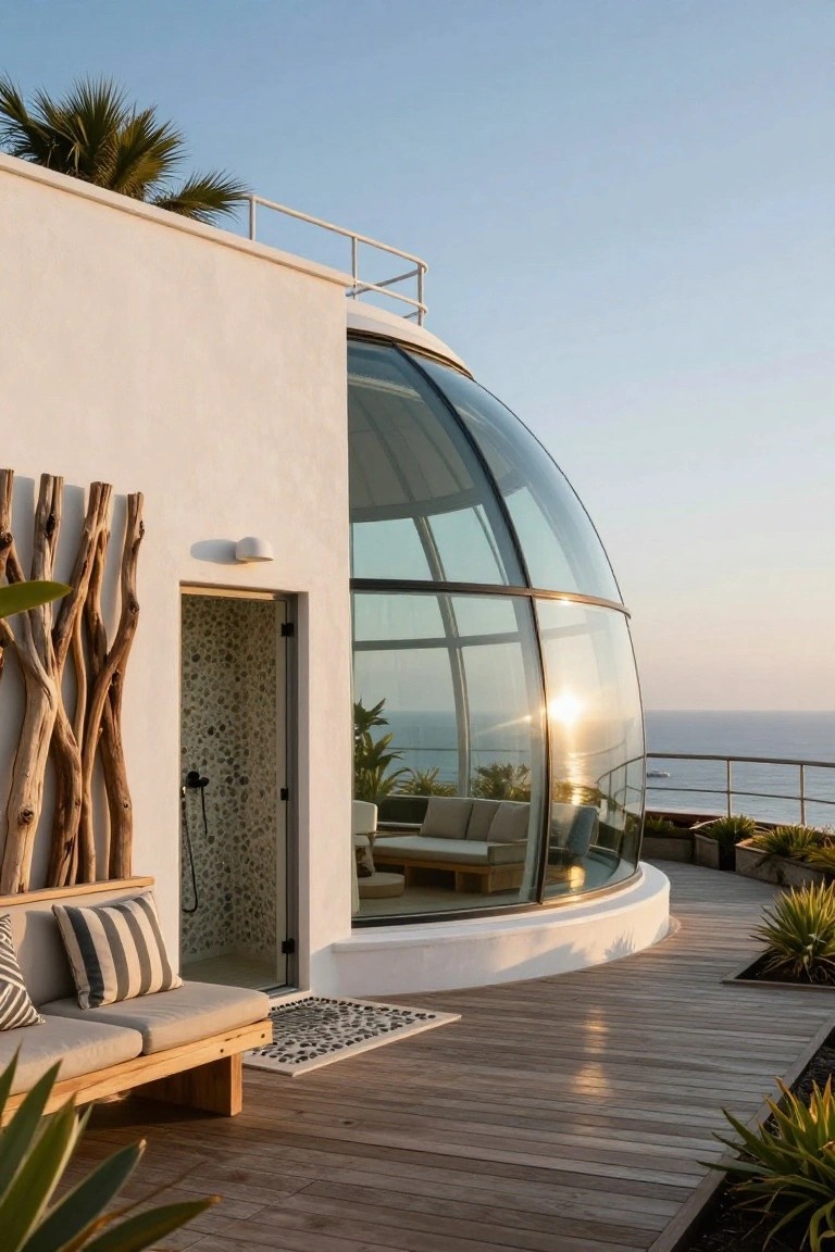 White stucco house exterior with large curved glass dome, open-air outdoor shower with pebble tiles, wooden bench with cushions on deck, potted plants, wooden railing, and ocean view at sunset.