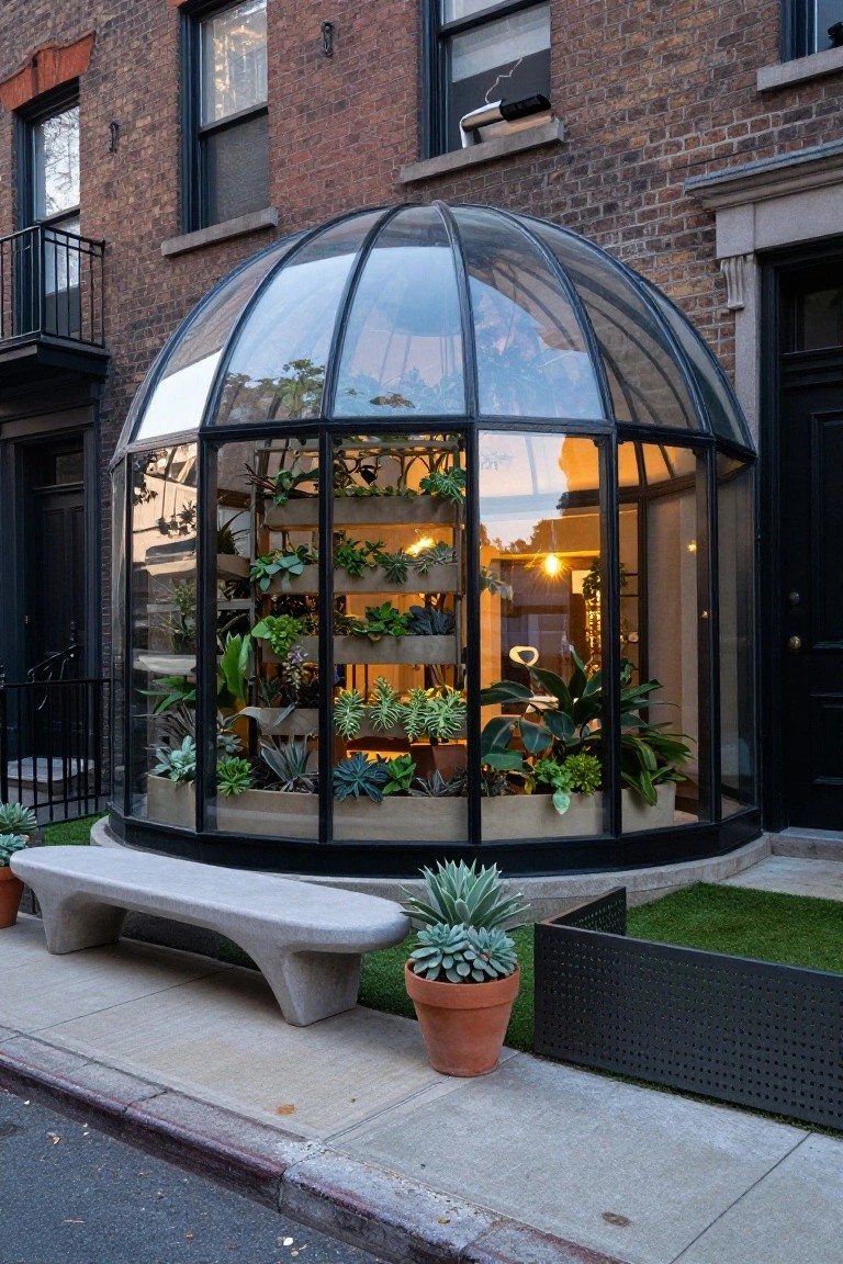 Brick rowhouse exterior featuring a large curved glass dome conservatory extension filled with tiered plants and lights, with a concrete bench, potted succulents, and artificial grass on the sidewalk.