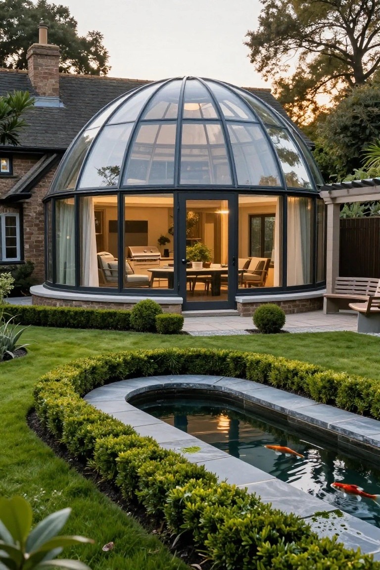 Curved glass dome extension attached to a traditional brick house, showing warm-lit interior with seating and dining table, bordered by manicured lawn, boxwood hedges, and a rectangular koi pond.