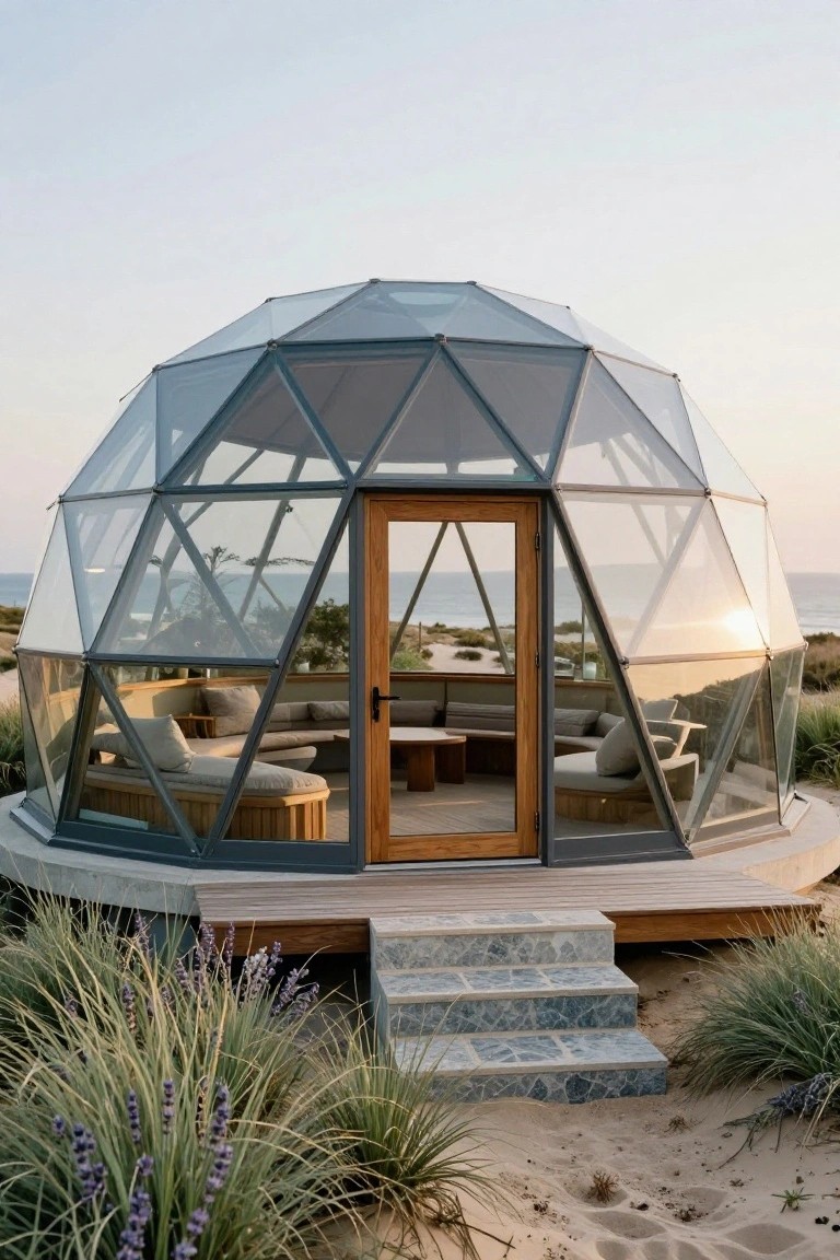 Geodesic dome house made of glass panels and metal frame, elevated on a concrete platform with wooden entry door, steps leading up from sandy ground with dune grasses and ocean view in background.