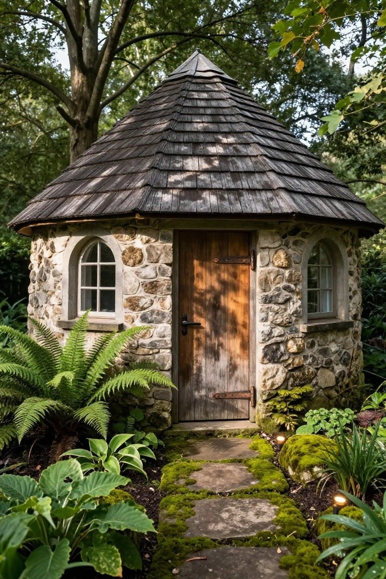 Small circular stone cottage with conical shingled roof, arched windows flanking a wooden door, mossy stone path leading through ferns and hostas in a wooded garden.