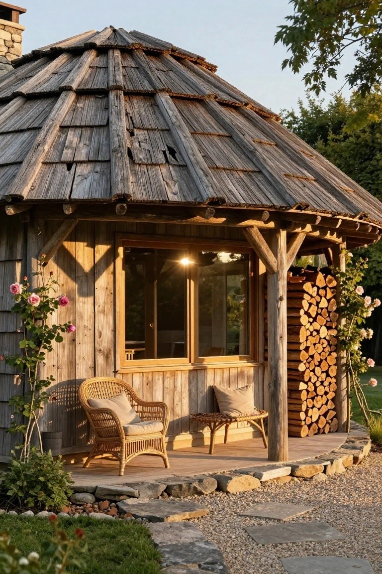 Round wooden dome house with curved shingled roof, timber framing, porch area with wicker chairs and cushions, firewood stack, climbing pink roses, stone path, and garden surroundings at dusk.