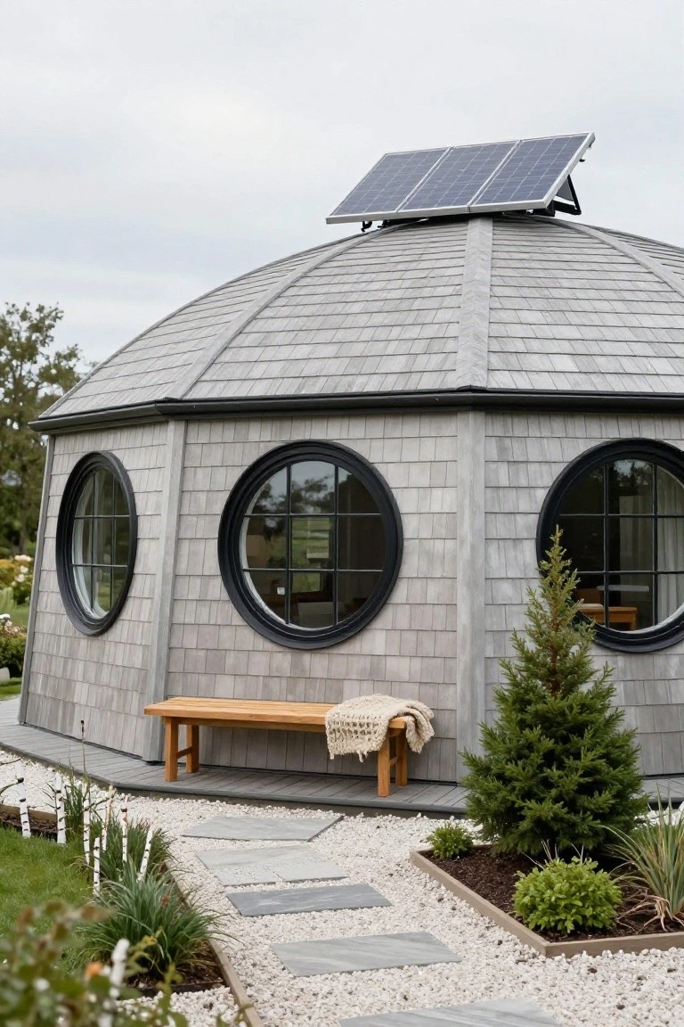 Octagonal house with gray shingle siding, black-framed round windows, solar panels on the curved roof, wooden bench with blanket outside, gravel path, and surrounding plants and small trees.