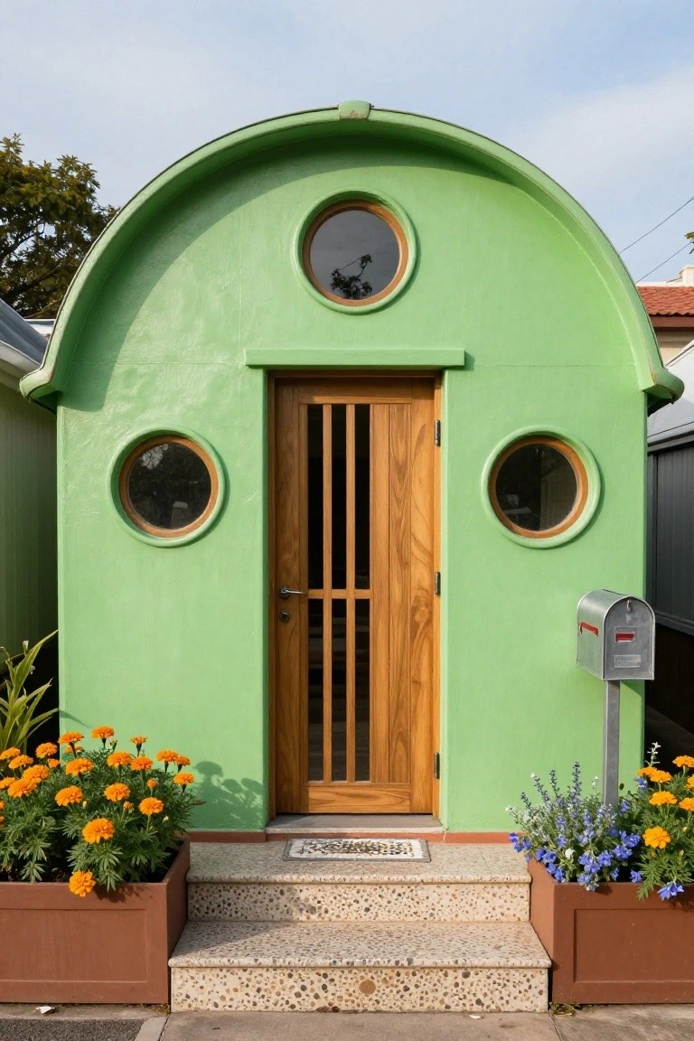 Small bright green dome-shaped house with curved roofline, three round porthole windows, wooden slatted front door, concrete steps, potted orange marigolds flanking the entry, and silver mailbox to the right.